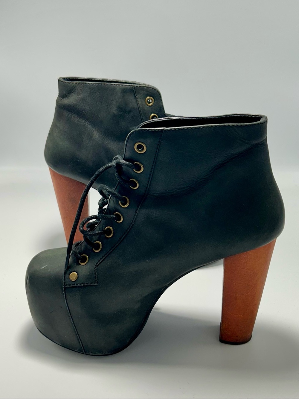 Jeffrey Campbell Black Leather Lita Lace-Up Platform Heel Boots Size 6